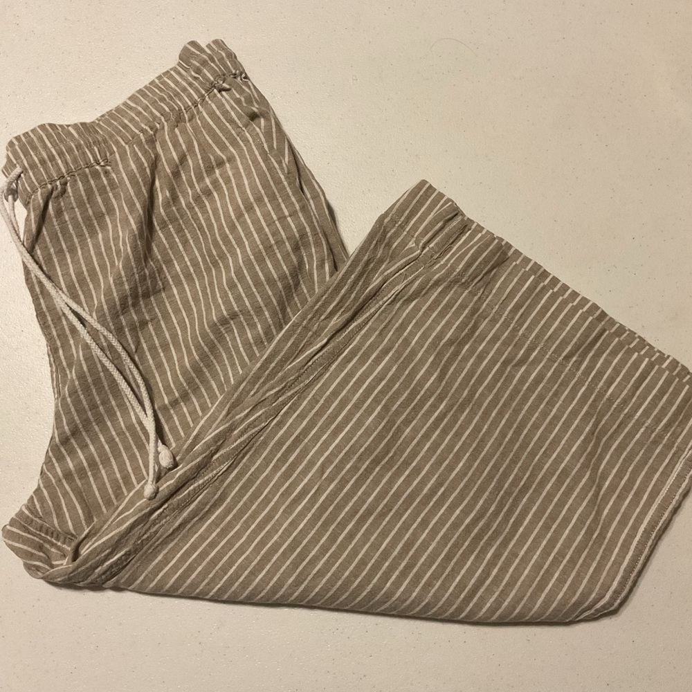 beachlunchlounge Tan Striped women’s linen blend wide leg capris size L